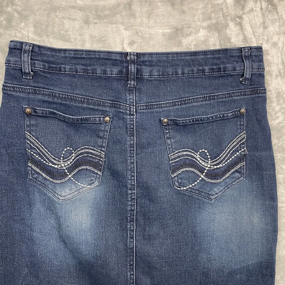 Emme Jordan Denim Skirt Womens Medium‎ Blue Dark Wash Stretch Pencil Embroidered